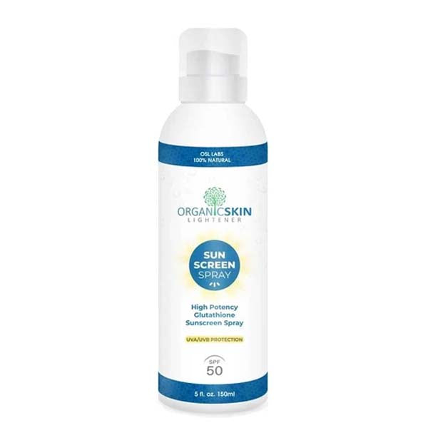 Organic Skin Lightener sunscreen spray with natural ingredients, brightening and protecting skin for an even tone.